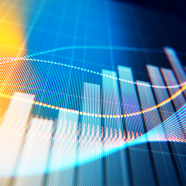 A bar chart extends into the distance as technical lines and grid items overlap it